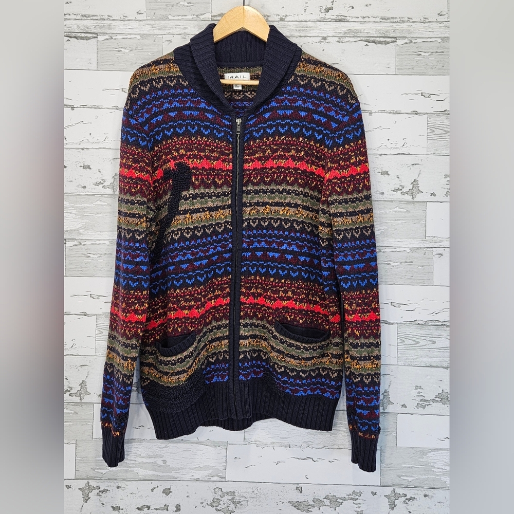 Rails Mens Shawl Full Zip Cardigan Large Striped Blue Multicolor Cotton Blend